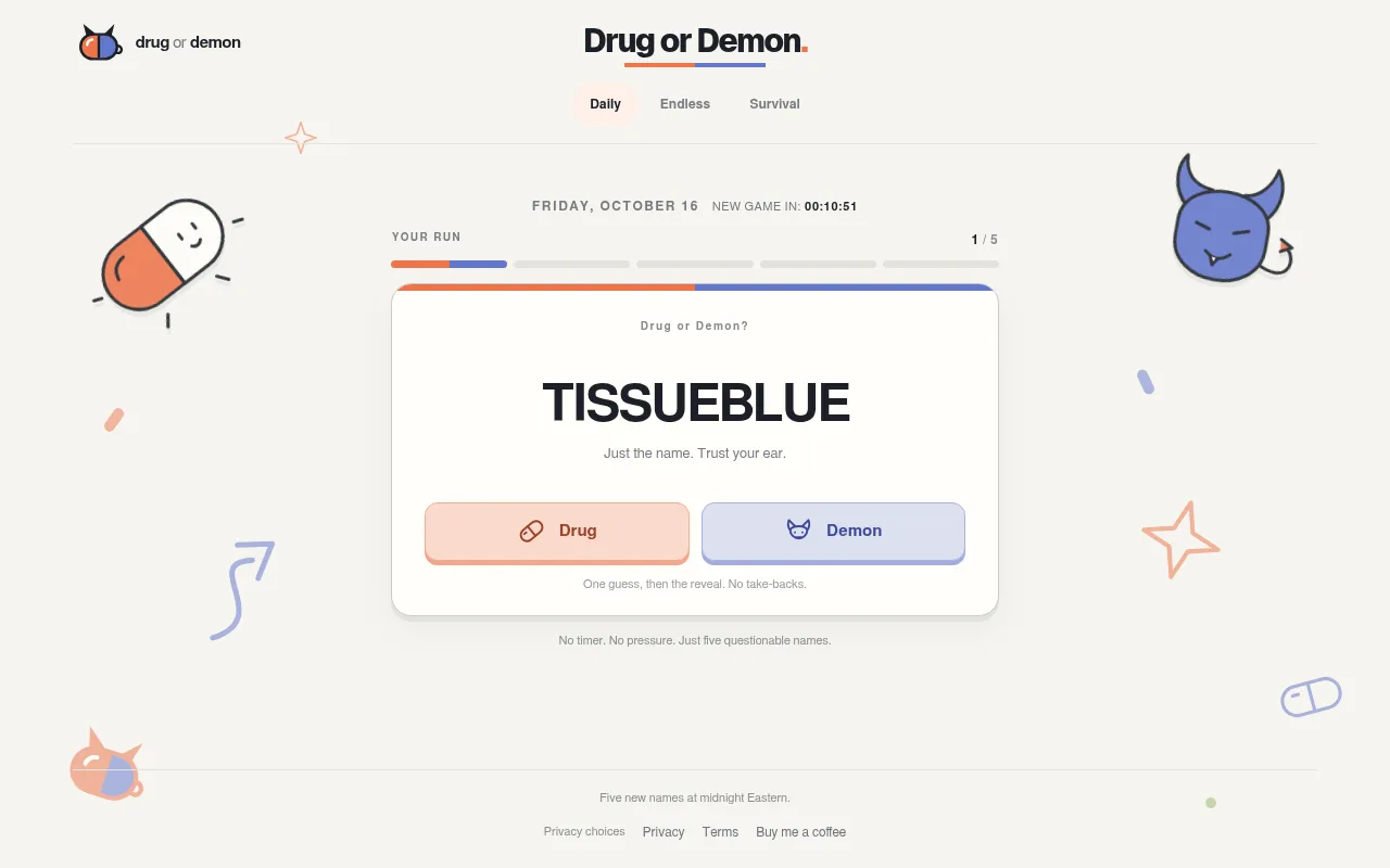 The Drug or Demon daily board: the name TISSUEBLUE on a card with Drug and Demon buttons, and a run tracker at 1 of 5
