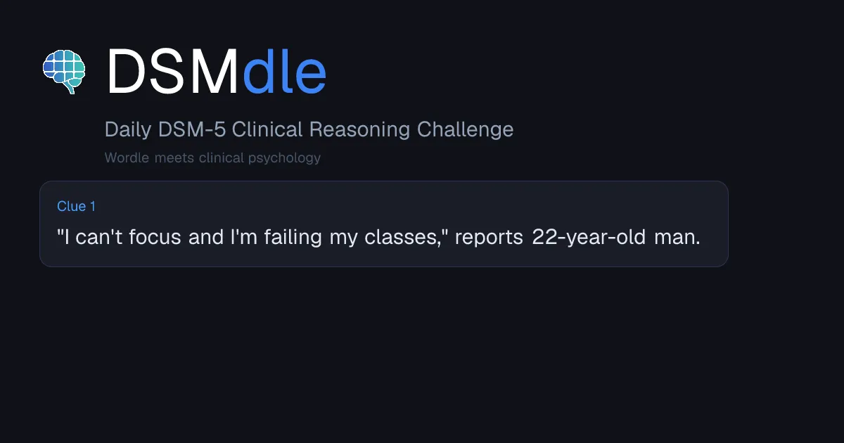 The DSMdle card for today's case: the DSMdle name and Clue 1, "I can't focus and I'm failing my classes," reports 22-year-old man