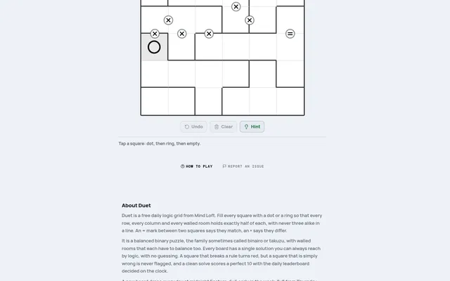 Duet board on mindloftdaily.com: a 6x6 grid split into walled rooms, with x and = marks between squares and one ring placed