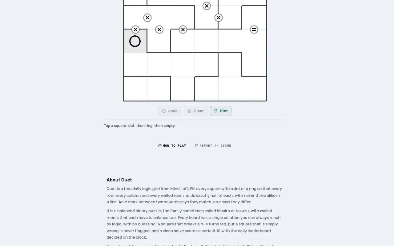 Duet board on mindloftdaily.com: a 6x6 grid split into walled rooms, with x and = marks between squares and one ring placed