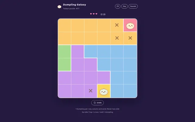 Dumpling Galaxy daily puzzle #77 being played: a 6x6 grid of coloured zones with two dumplings placed, a few cells crossed out, three hearts and a timer