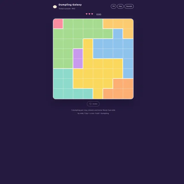 Dumpling Galaxy daily puzzle 60: an eight by eight grid split into coloured zones, three hearts and a timer