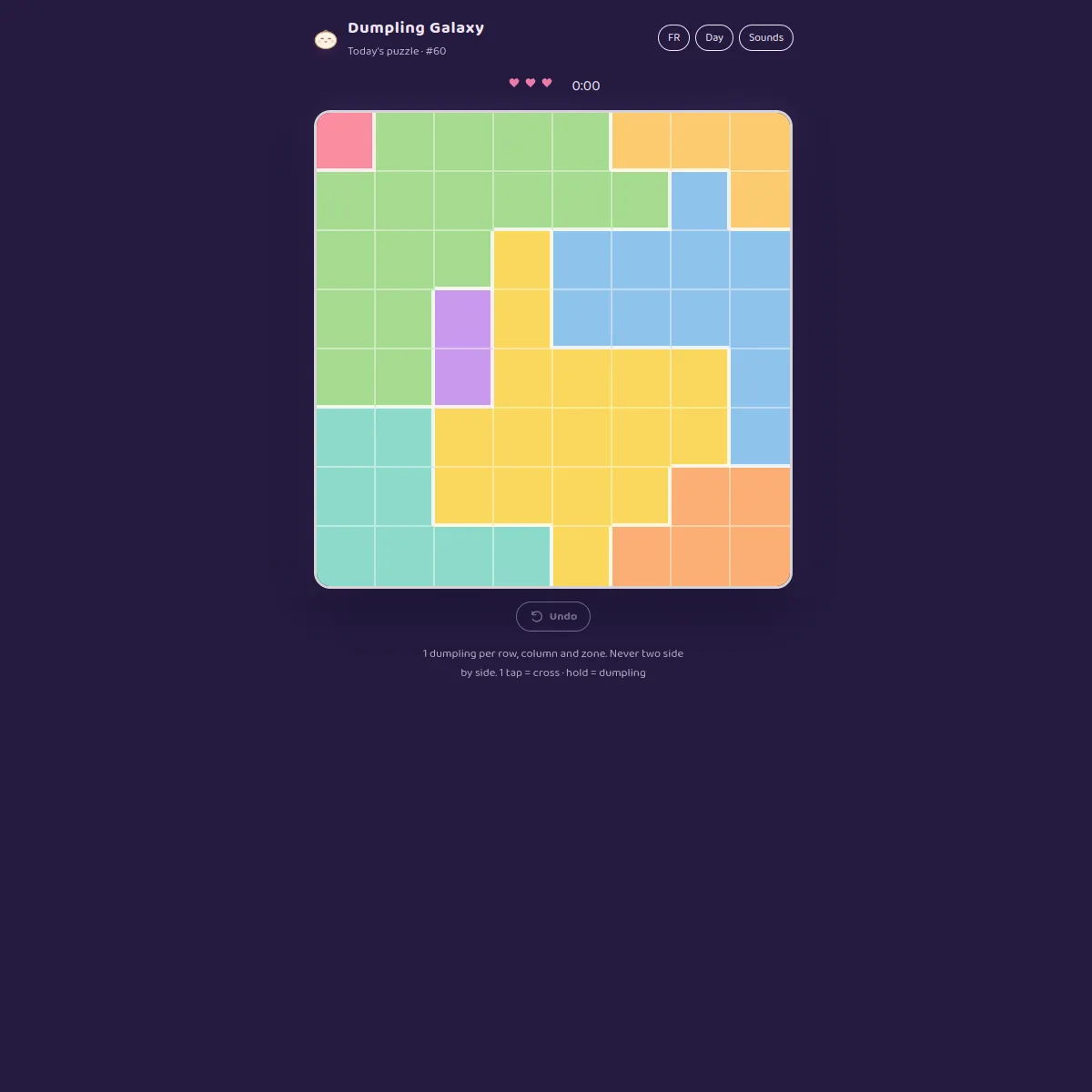 Dumpling Galaxy daily puzzle 60: an eight by eight grid split into coloured zones, three hearts and a timer