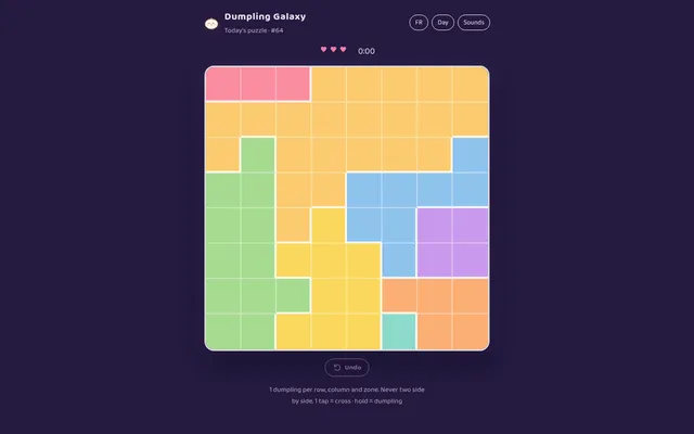 Dumpling Galaxy daily puzzle #64: an empty eight by eight grid split into coloured zones, with three hearts, a timer and FR, Day and Sounds buttons