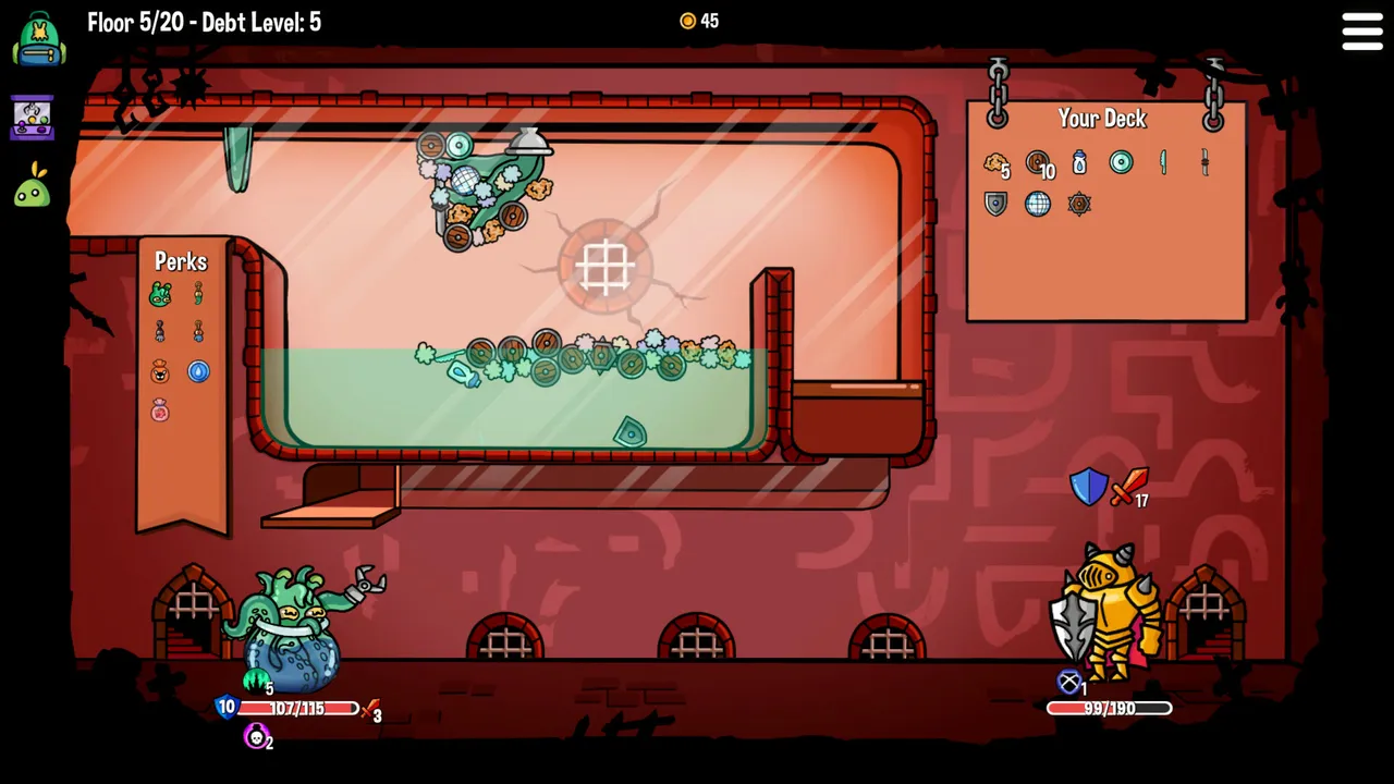 A Dungeon Clawler fight in a red dungeon: the claw grabs items from a half-flooded tank as a golden knight waits