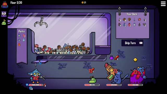 Dungeon Clawler on floor 3: a claw hangs over a tank of weapons and shields while a blue hero faces a slime and two rat enemies