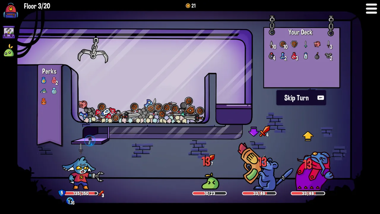Dungeon Clawler on floor 3: a claw hangs over a tank of weapons and shields while a blue hero faces a slime and two rat enemies