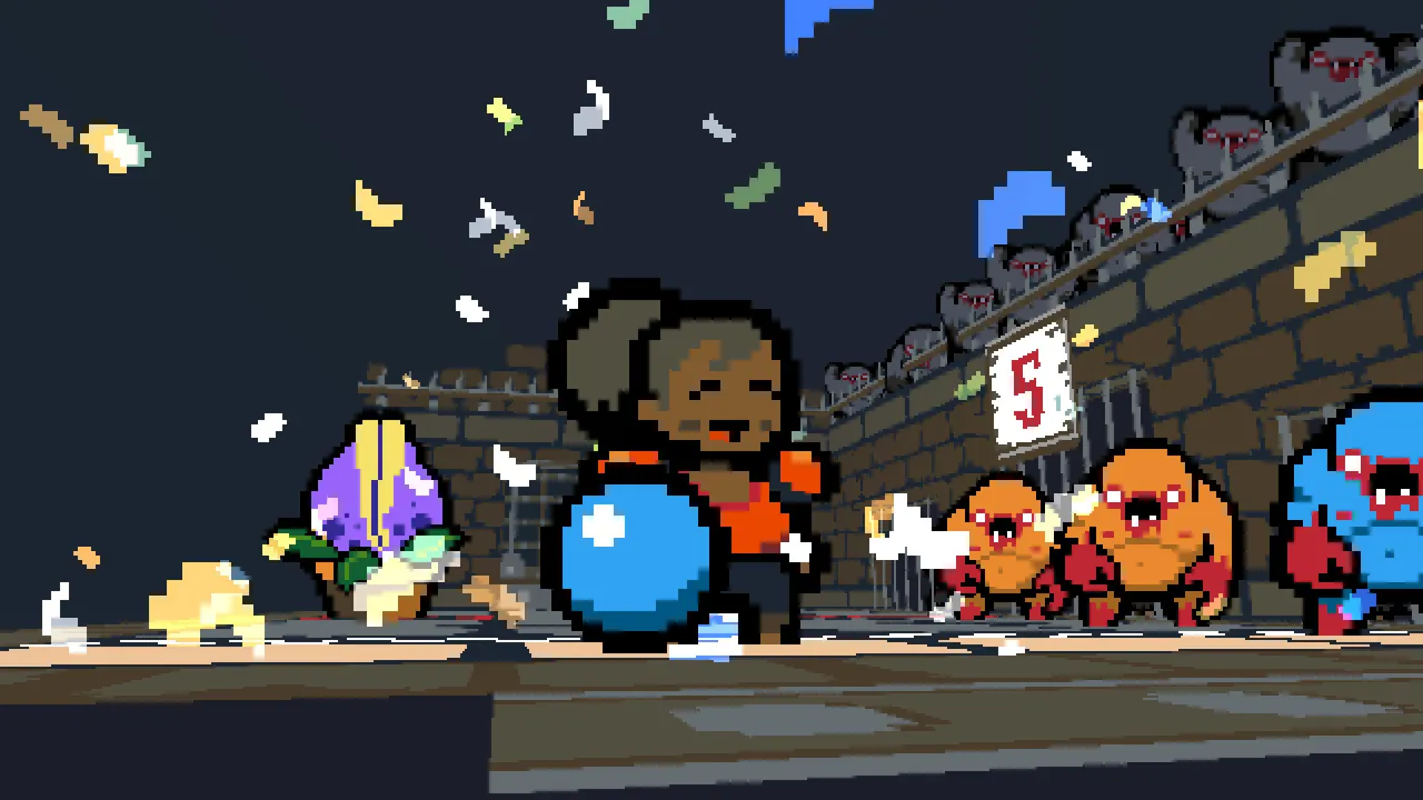 Dungeon Deathball: a player holding the blue ball celebrates in a shower of confetti as monsters watch