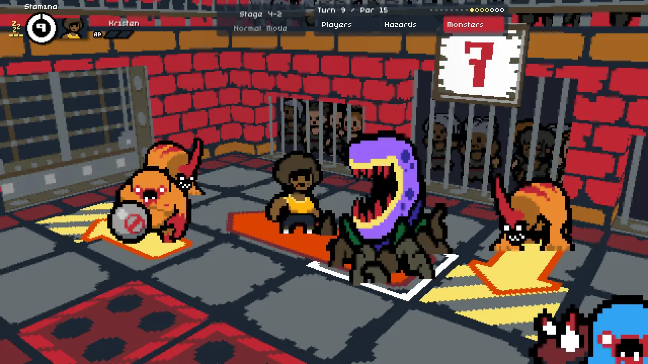 Dungeon Deathball: a player runs between an orange monster and a purple tooth plant on a red brick arena floor