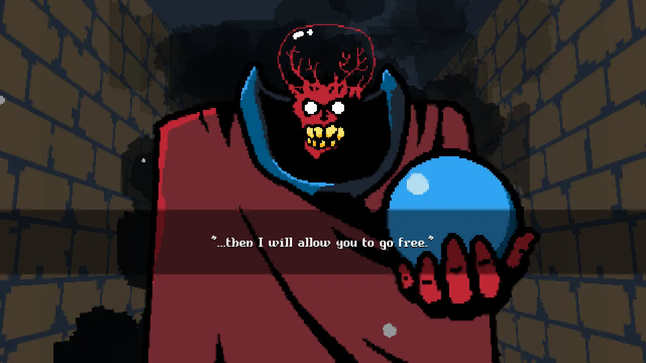 Dungeon Deathball: the red-skulled captor holds out the blue ball and says then I will allow you to go free
