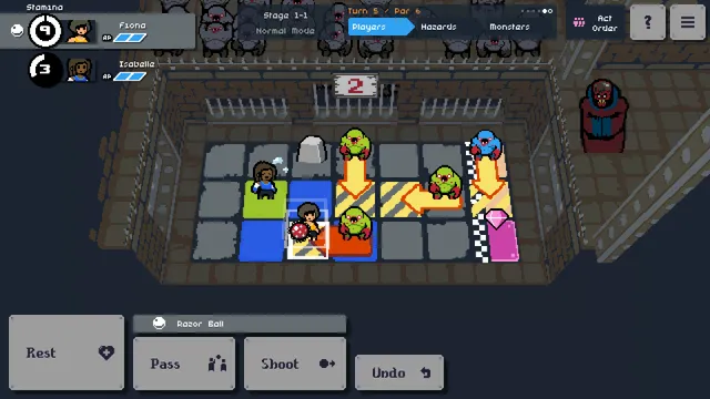 Dungeon Deathball: a small arena grid with two players, a ball and monsters whose arrows show their next moves, with Rest, Pass, Shoot and Undo buttons