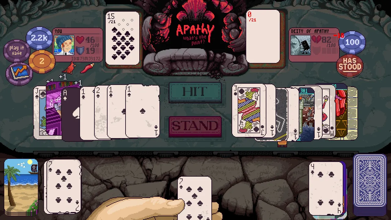 Dungeons & Degenerate Gamblers: a hand against the Deity of Apathy on the Apathy floor, a long row of spade cards against a mix of strange cards