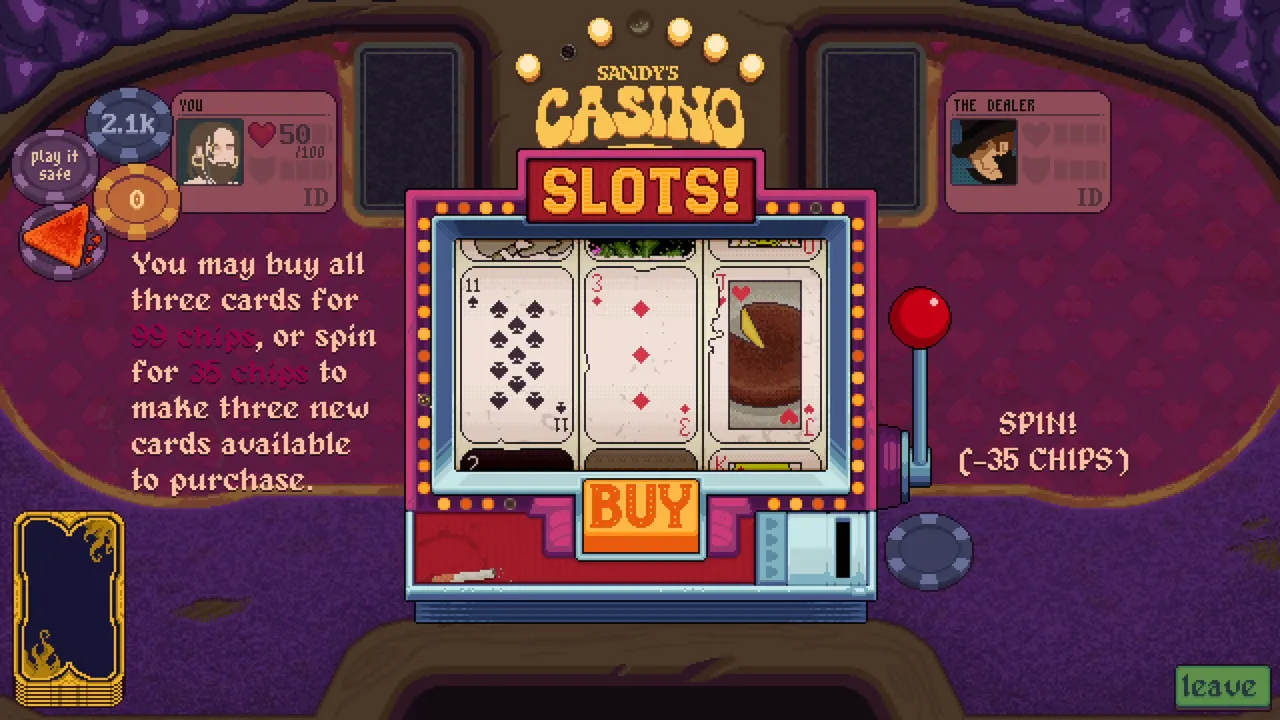 Dungeons & Degenerate Gamblers: a slot machine shop in Sandy's Casino offering three cards for 99 chips or a spin for 35