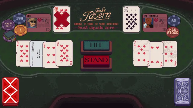 Dungeons & Degenerate Gamblers gameplay: a blackjack duel with The Manager in Jack's Tavern, your bust hand of 26 against his 17, with Hit and Stand buttons