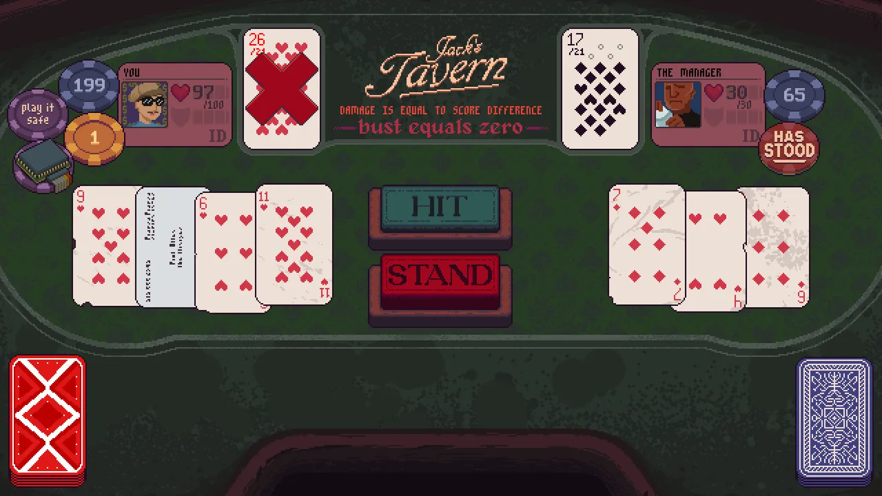 Dungeons & Degenerate Gamblers gameplay: a blackjack duel with The Manager in Jack's Tavern, your bust hand of 26 against his 17, with Hit and Stand buttons