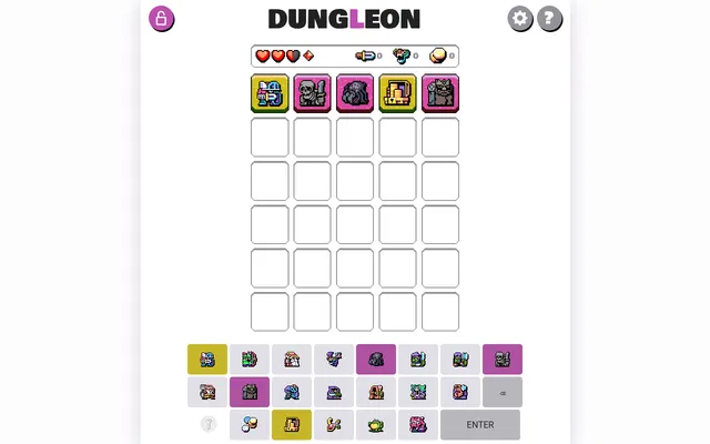 Today's Dungleon board on a desktop after one guess: a knight and a chest marked yellow, a skeleton, a spider and a golem marked red, five empty rows and the piece keyboard