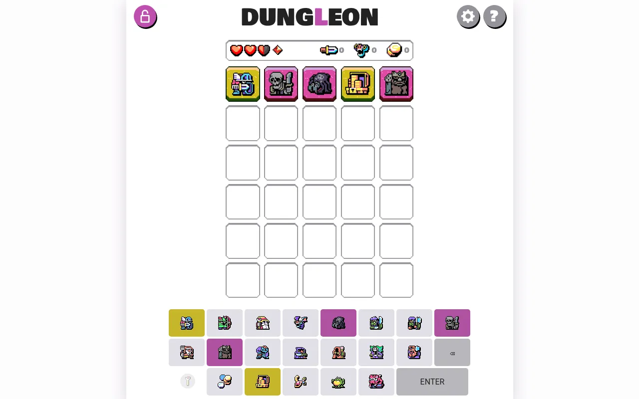 Today's Dungleon board on a desktop after one guess: a knight and a chest marked yellow, a skeleton, a spider and a golem marked red, five empty rows and the piece keyboard