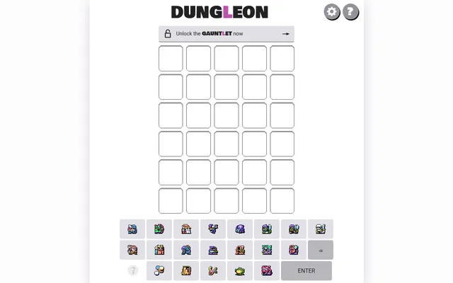 Dungleon's daily board: an empty grid of six rows of five slots above a keyboard of pixel-art heroes, monsters and treasures