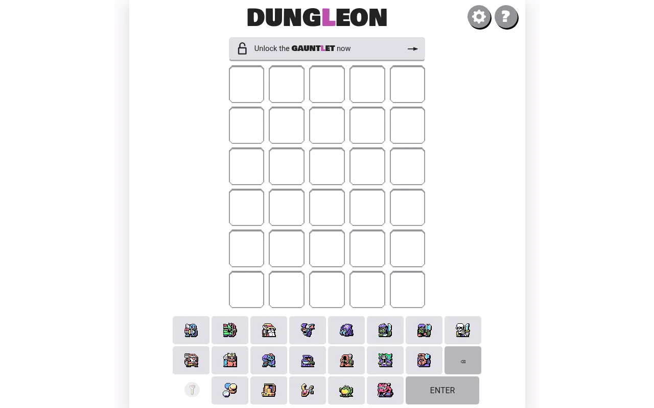 Dungleon's daily board: an empty grid of six rows of five slots above a keyboard of pixel-art heroes, monsters and treasures