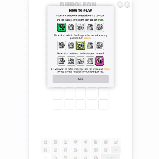 Dungleon how-to-play panel with rows of pixel-art dungeon pieces marked green, yellow and red, above the empty guess grid