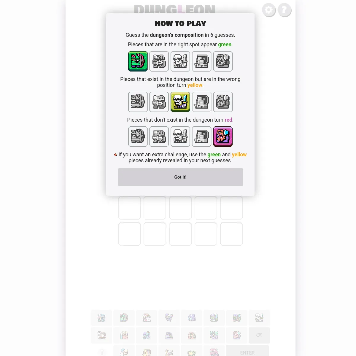 Dungleon how-to-play panel with rows of pixel-art dungeon pieces marked green, yellow and red, above the empty guess grid