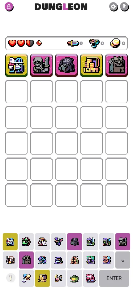 Dungleon at phone size after one guess: the coloured first row, hearts and item counters above it, and the keyboard of pixel-art heroes, monsters and treasure