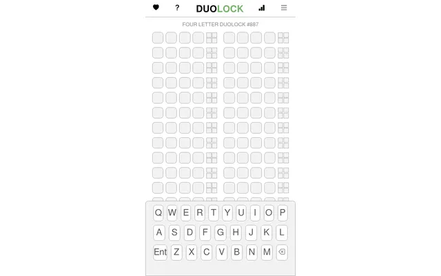 Four Letter DuoLock #887: two columns of empty four-letter guess rows, each with a small feedback box, above an on-screen keyboard