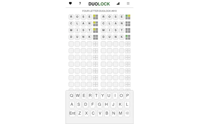 Four Letter DUOLOCK #910 in play on desktop: guesses ROSE, CLAN, MIST and DUNK on both boards, with green, yellow and grey mini blocks counting matches on each