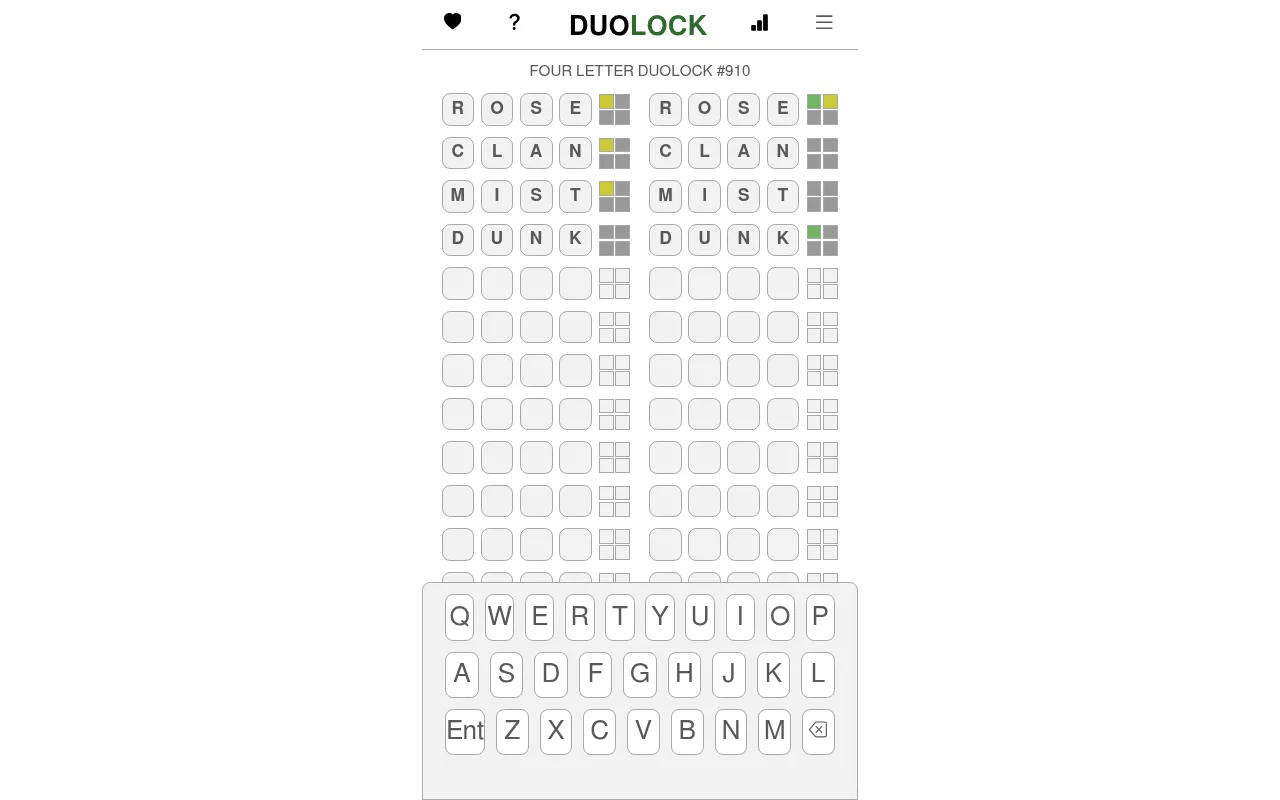 Four Letter DUOLOCK #910 in play on desktop: guesses ROSE, CLAN, MIST and DUNK on both boards, with green, yellow and grey mini blocks counting matches on each