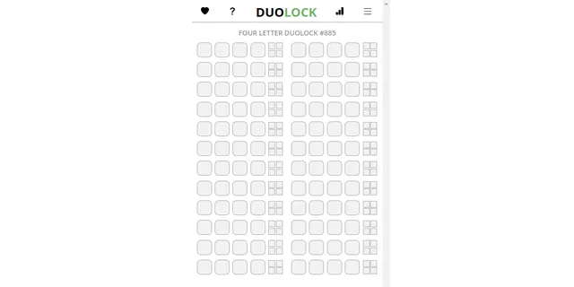 The Four Letter DuoLock board: two columns of twelve empty four-letter guess rows, each with a small feedback box beside it
