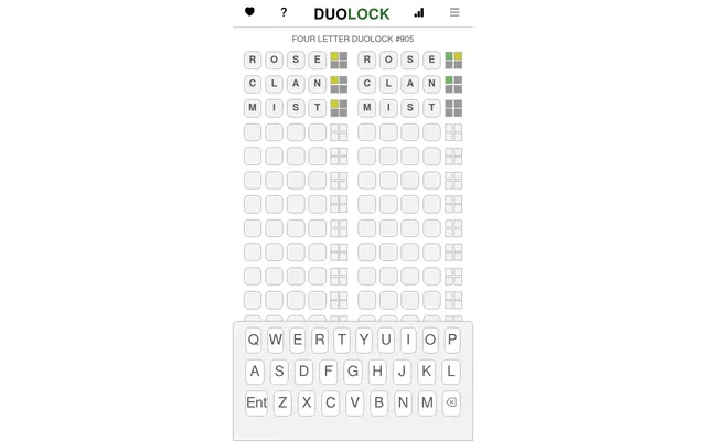 Four Letter DUOLOCK #905 in play: guesses ROSE, CLAN and MIST on both boards, with green, yellow and grey mini blocks counting matches for each