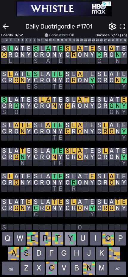 Daily Duotrigordle #1701 at phone size: 28 boards four across with the first two guesses scored, the board number strip and the keyboard below