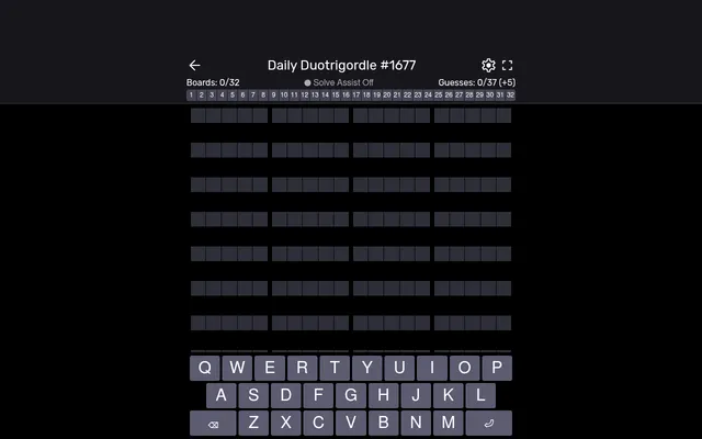 Daily Duotrigordle #1677 at the start: board numbers 1 to 32, counters for boards solved and guesses used out of 37, rows of empty five-letter grids four across, and the on-screen keyboard