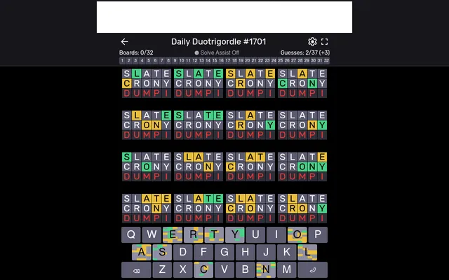 Daily Duotrigordle #1701 on a desktop after the guesses SLATE and CRONY: sixteen of the 32 boards in view with their green and yellow tiles, the guess counter at 2 of 37 and the coloured keyboard