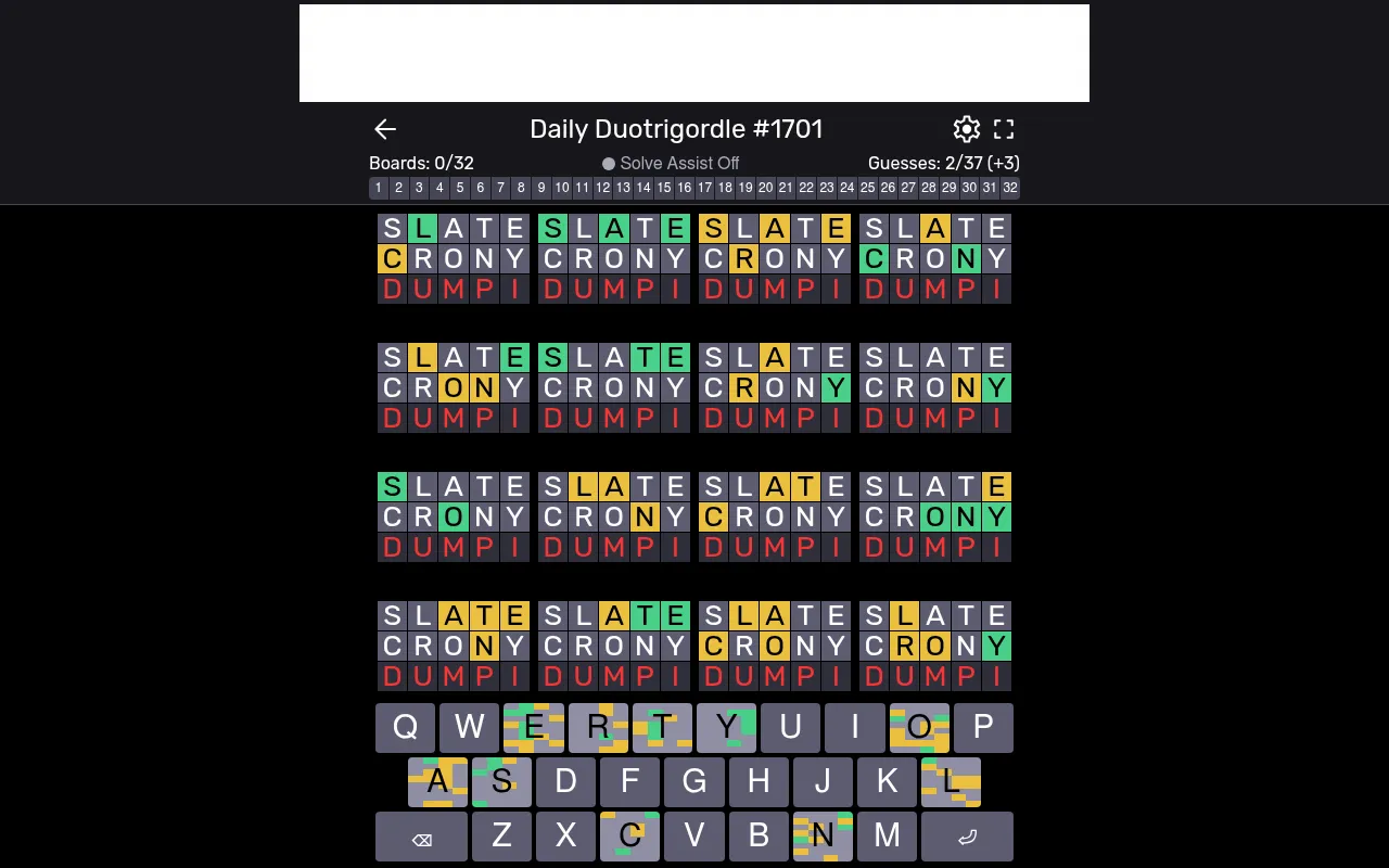 Daily Duotrigordle #1701 on a desktop after the guesses SLATE and CRONY: sixteen of the 32 boards in view with their green and yellow tiles, the guess counter at 2 of 37 and the coloured keyboard