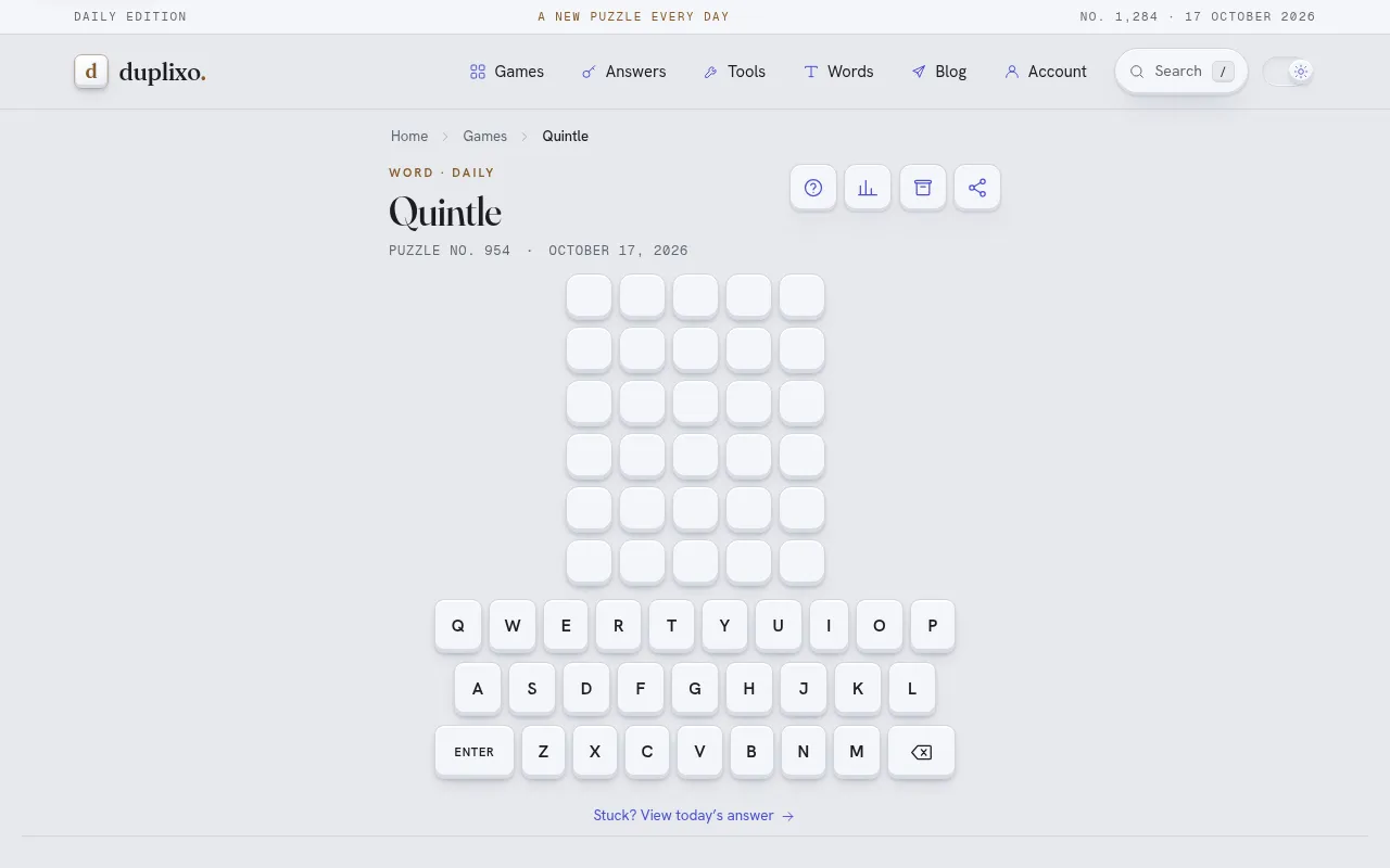 Duplixo's Quintle, puzzle No. 954: an empty six-row grid of five-letter tiles above an on-screen keyboard