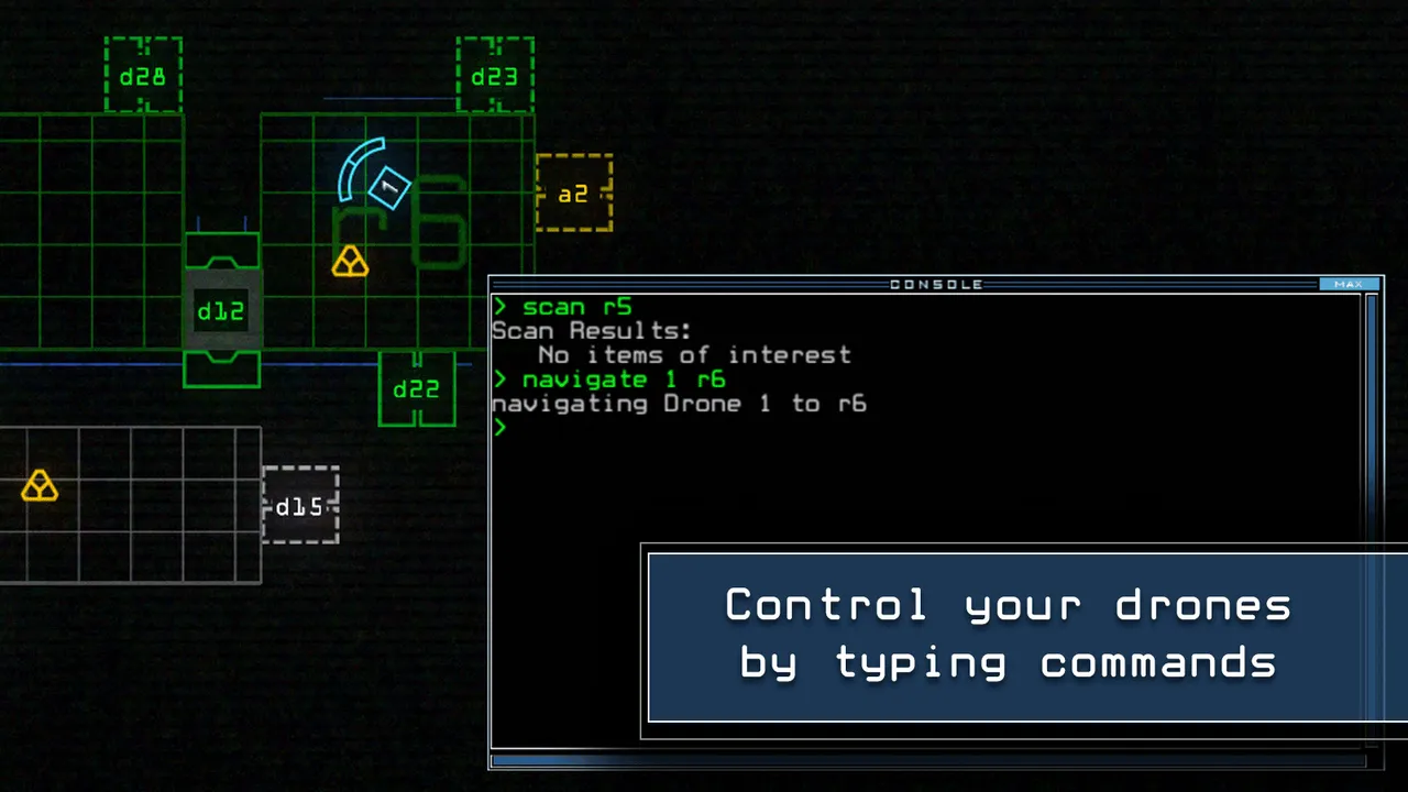 Duskers: typed scan and navigate commands in the console beside the ship map, captioned Control your drones by typing commands