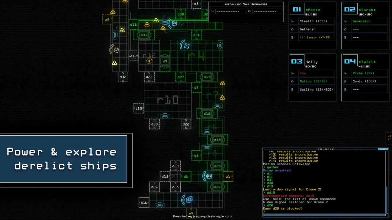 Duskers: green schematic map of a derelict ship's rooms and doors, with drone status panels and the caption Power and explore derelict ships