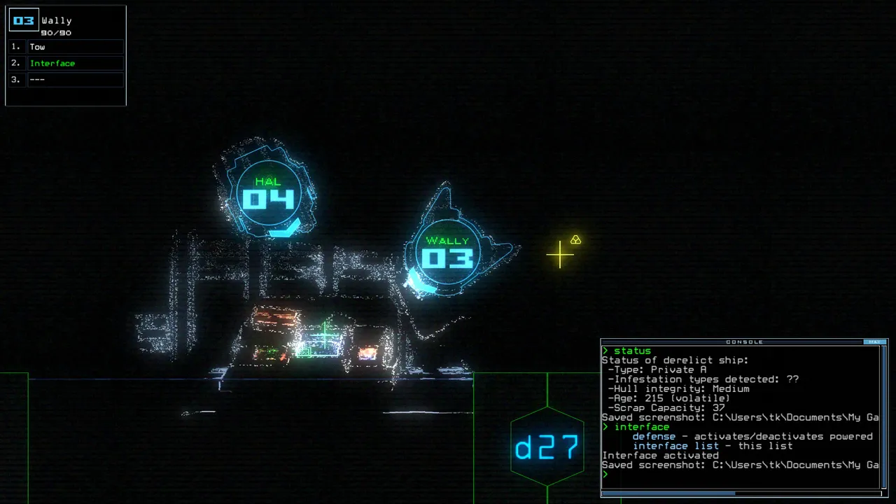 Duskers gameplay: grainy drone camera views of a derelict ship's room, with drone numbers and a command console