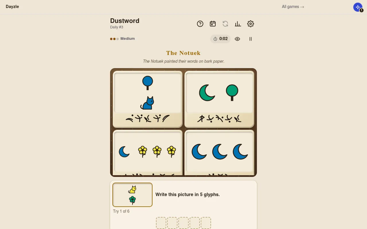 Dustword Daily #3, The Notuek: four tablets with a cat, trees, moons and flowers above glyph sentences, and a new picture of a cat and a flower to write in 5 glyphs