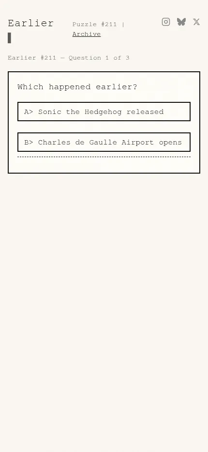 Earlier puzzle #211 at phone size: the two events Sonic the Hedgehog released and Charles de Gaulle Airport opens as two answer buttons