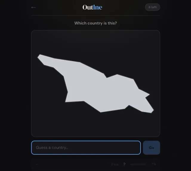 Earthle's board in dark mode as Listdle captured it: a pale country outline over a guess box and six empty rows. The header reads Outlne, the name the game showed then.