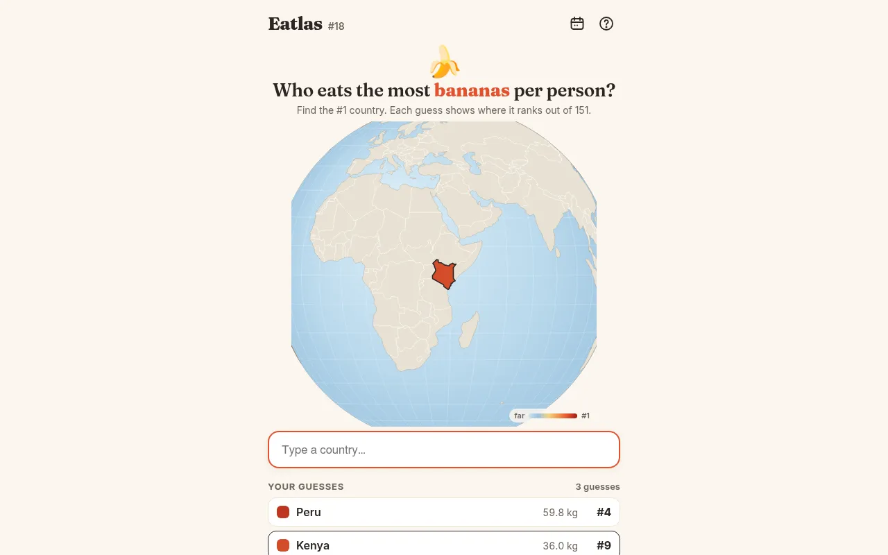 Eatlas puzzle #18, who eats the most bananas per person: a globe with Kenya coloured red after guesses Peru at #4 and Kenya at #9