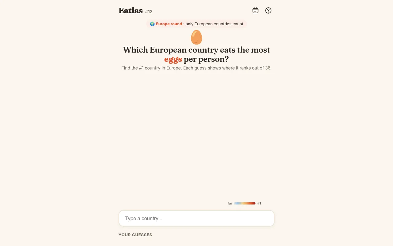 Eatlas puzzle #12, a Europe round asking which European country eats the most eggs per person, with the guess box