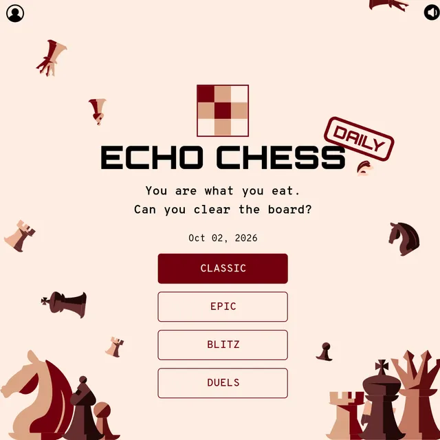 Echo Chess Daily title screen for Oct 02, 2026: You are what you eat. Can you clear the board? with the mode buttons