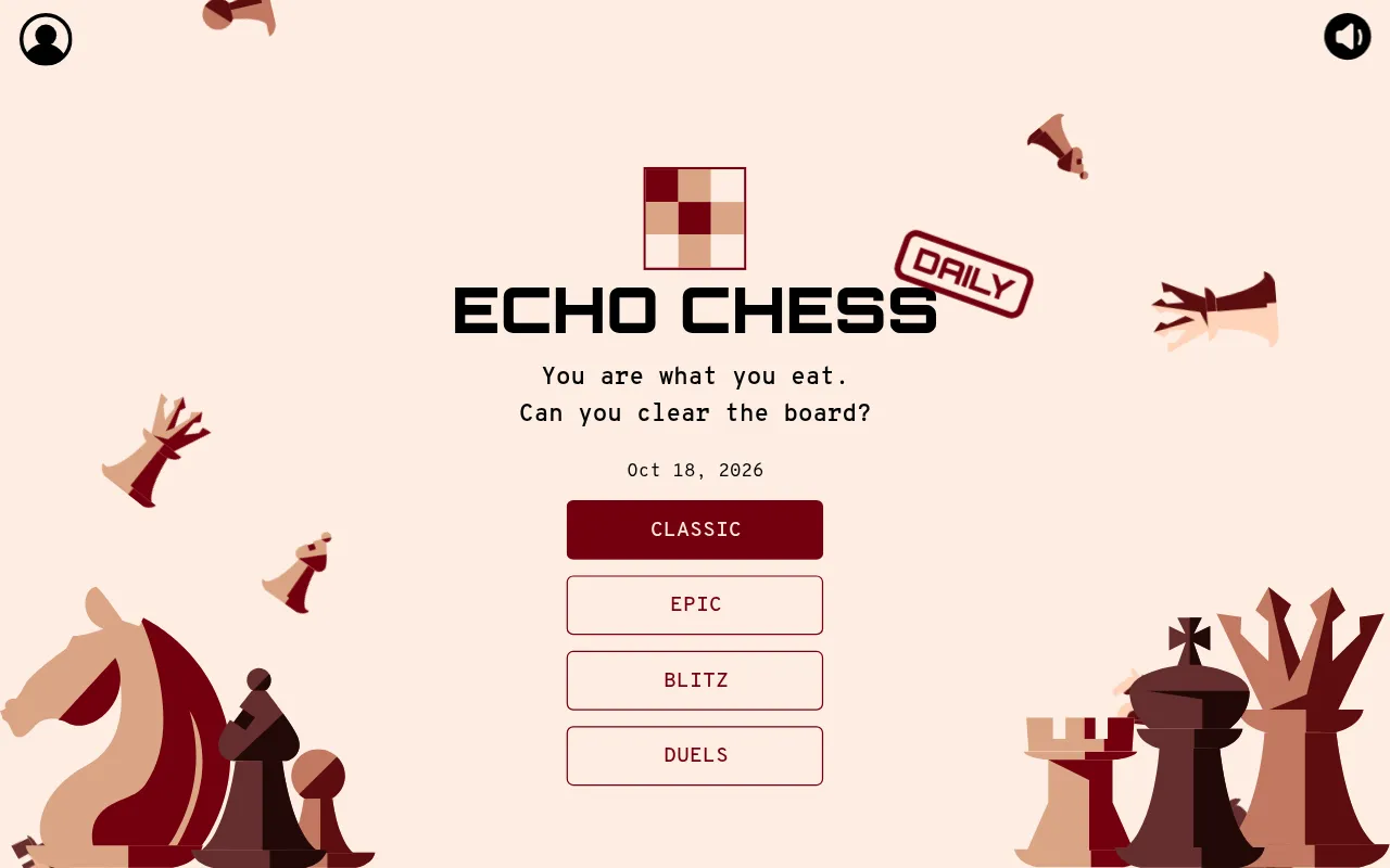 The Echo Chess title screen for Oct 18, 2026 with Classic, "Epic", Blitz and Duels buttons