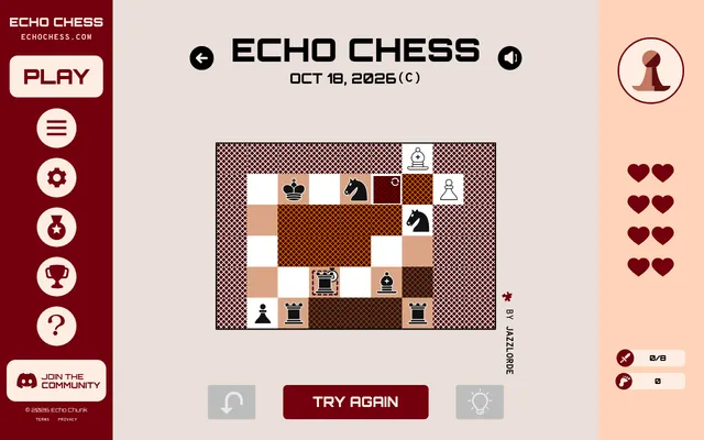 The Echo Chess Daily Classic for Oct 18, 2026 by Jazzlorde: a white bishop and pawn on an irregular board with black king, rooks, knights, bishop and pawn, with lives, captures and moves counters