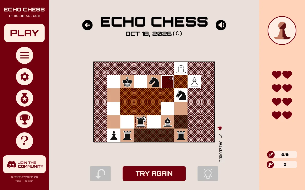 The Echo Chess Daily Classic for Oct 18, 2026 by Jazzlorde: a white bishop and pawn on an irregular board with black king, rooks, knights, bishop and pawn, with lives, captures and moves counters
