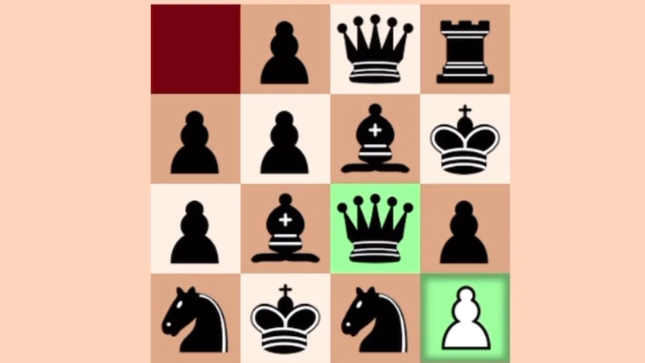 An Echo Chess board: a white pawn among black queens, knights, bishops and pawns on a 4x4 grid