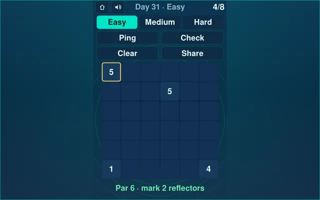 Echo Sounding day 31 Easy grid, 6x6, with four pings answered 5, 5, 1 and 4 and two reflectors still to mark
